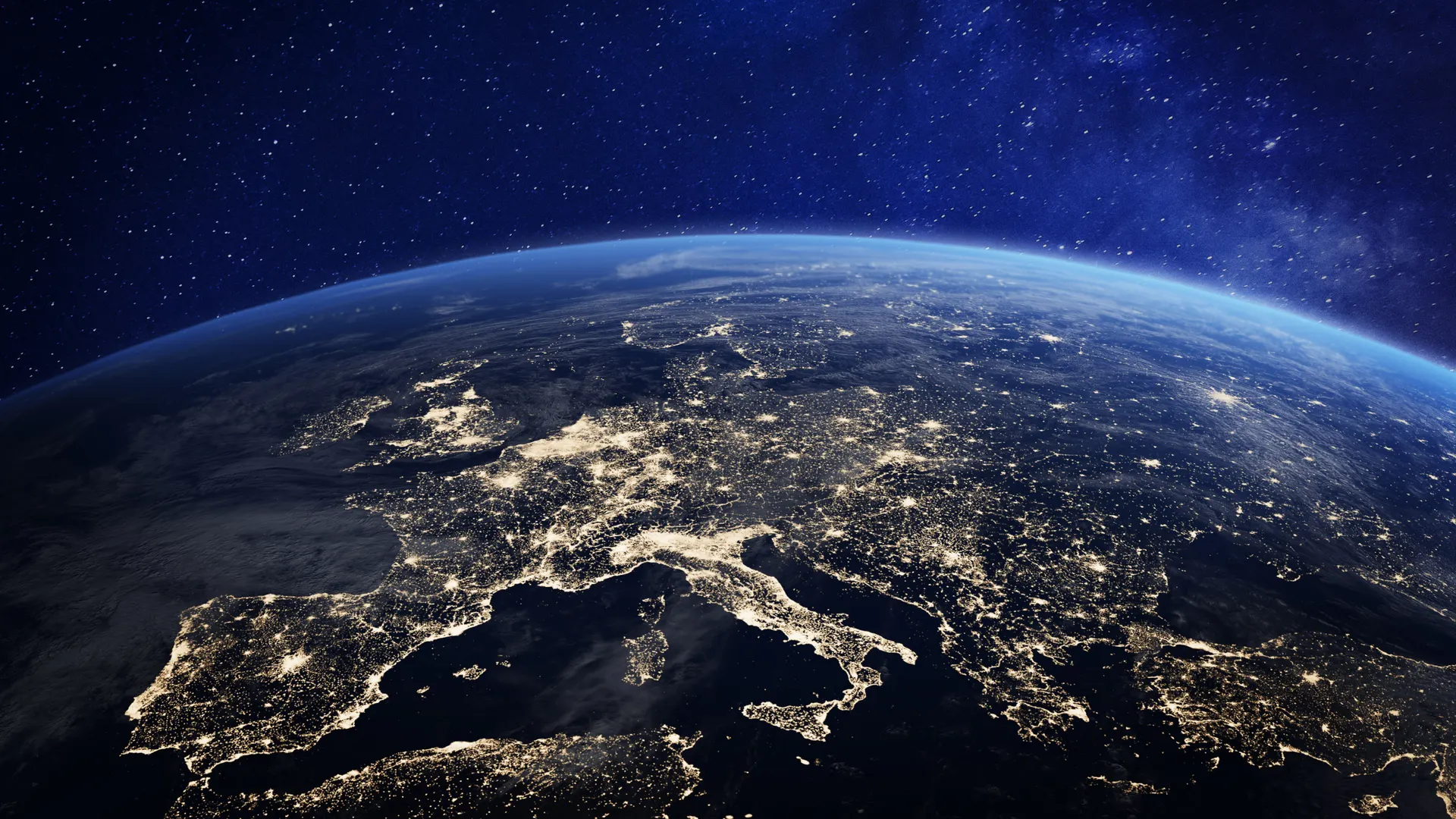 La Terra vista dallo spazio di notte, con l'Europa illuminata dalle luci delle città