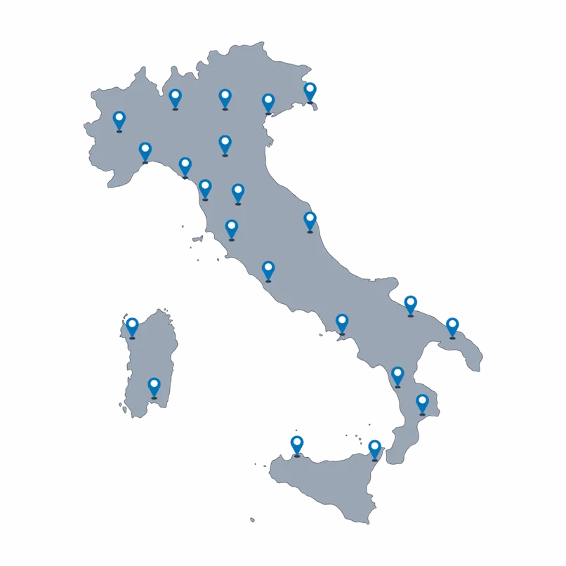 La mappa dell'Italia con i segnaposto delle sedi sparsi su tutto il territorio